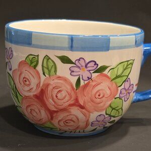 Caroline’s Garden Mug hand painted ceramic with bees, pink roses, purple flowers